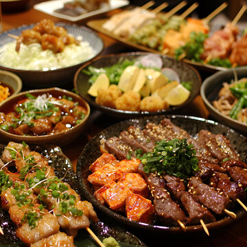 日式烧烤串，美食图片，牛肉串，鸡肉串，猪肉串，芝麻，葱花