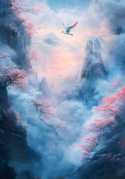 梦幻山峰风景，粉红色的树木和飞翔的鸟