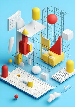 蓝色背景下的几何图形3D抽象