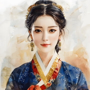 身穿韩国传统服饰的年轻韩国女性肖像