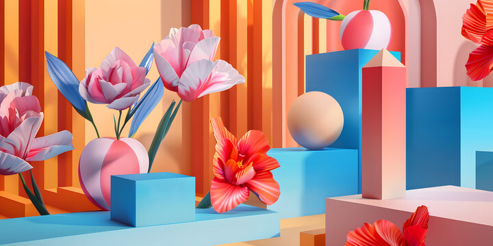 抽象几何形状与花朵3D