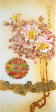 工艺玻璃背景墙装饰画牡丹