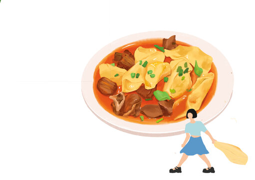胡杨焖饼西北美食手绘平面插图