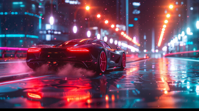 一辆黑色的跑车在雨夜的城市街道上飞驰