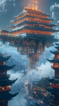 科幻作品，描绘了未来都市在云层之上的景象
