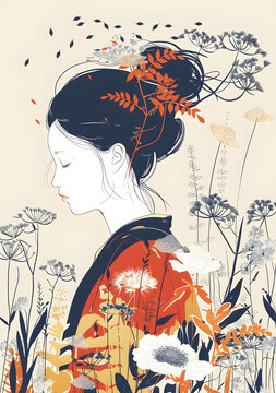 身着和服的花卉女子
