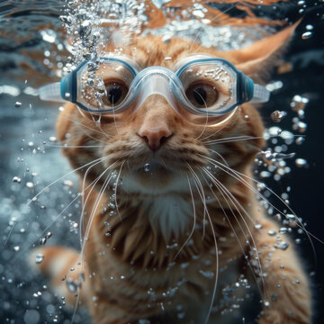 戴着护目镜游泳的橘猫