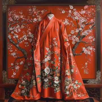 一袭绣有花卉图案的红色中式长袍，展示在一幅红色背景的樱花画前