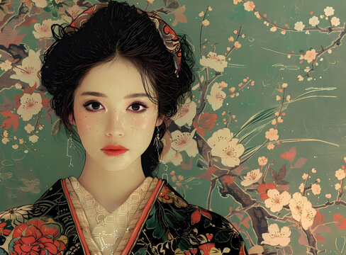身穿传统和服的年轻日本女性肖像，背景为花卉图案