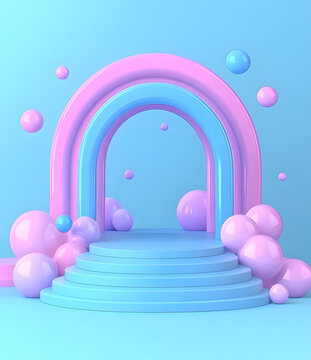 粉色和蓝色调的彩虹拱门和阶梯3D渲染图