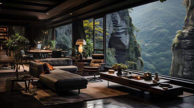 现代客厅落地窗壮丽山景