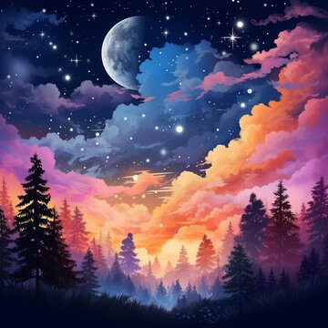 夜空中弯月高悬繁星点点