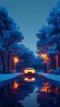 夜间雪地森林公路行驶的黄色汽车