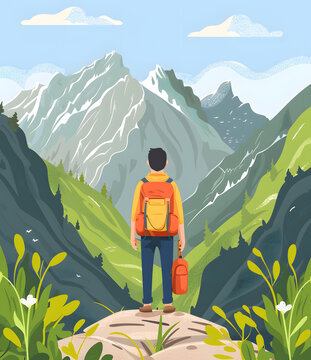 背包客在山间徒步旅行