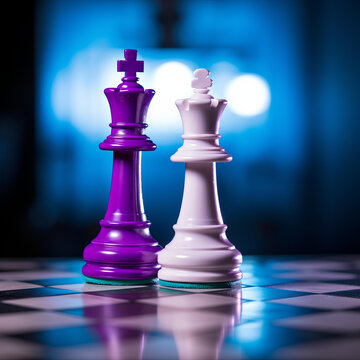国际象棋棋盘上的紫色和白色棋子蓝色背景