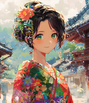 一个穿着有花卉图案和服的美丽日本动漫女孩，她有着绿色的眼睛和棕色的头发