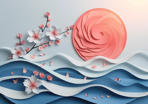 樱花和海浪的纸艺