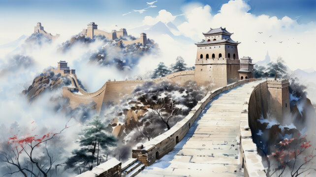 绵延于白雪皑皑的山脉间的长城
