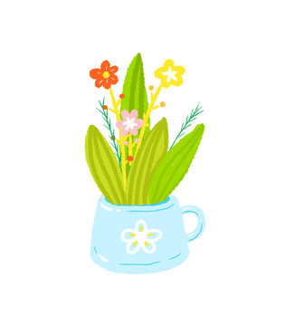 春天杯子里的花朵手绘插画