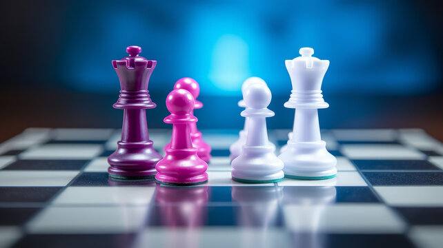 国际象棋棋盘上的紫色和白色棋子