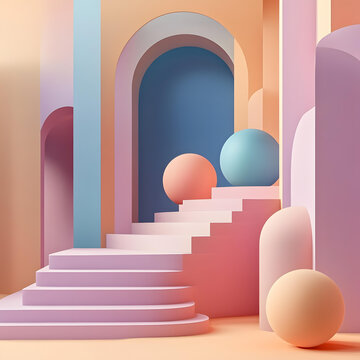 抽象几何形状和楼梯的极简主义3D
