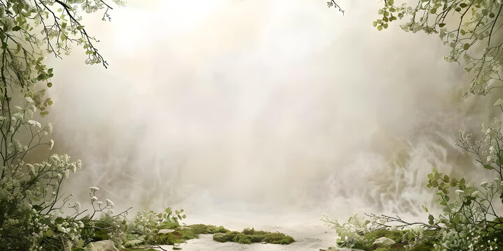 朦胧森林背景,白色花朵和绿叶