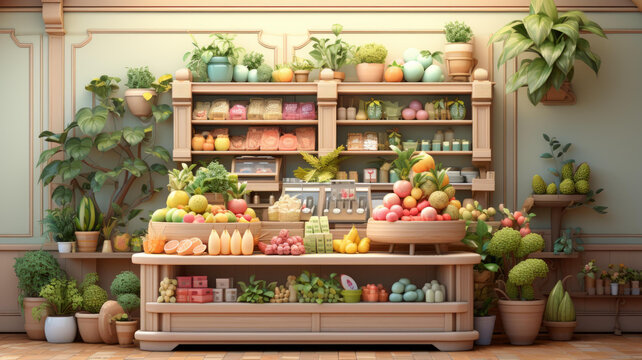 一幅描绘了琳琅满目的水果蔬菜的杂货店插图
