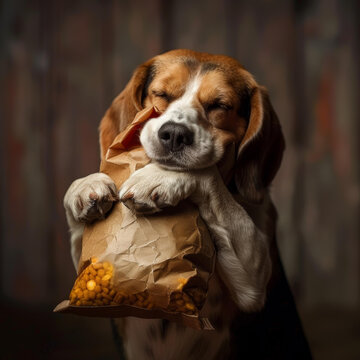 一只比格犬叼着一袋薯片