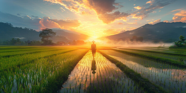 夕阳下水稻田里行走的水稻种植工人