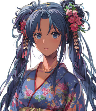 穿着和服的蓝发日本动漫女孩