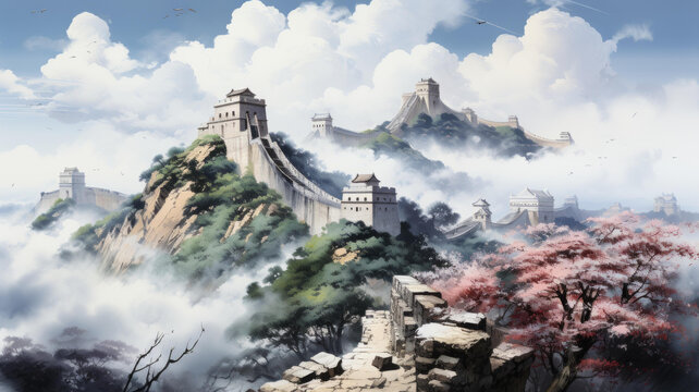 万里长城蜿蜒在山脉间