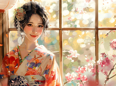 一个身穿和服的美丽日本女人站在窗户前