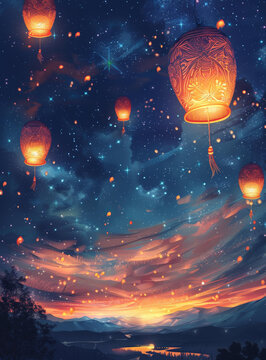 夜空中升空的孔明灯