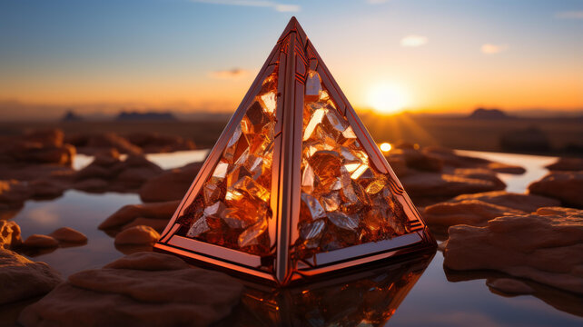 水晶金字塔立在金黄的沙漠夕阳中