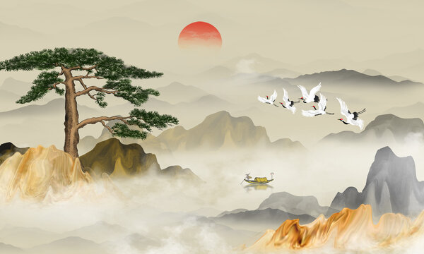 迎客松山水画