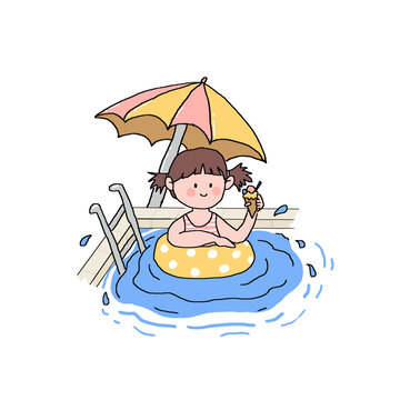 泳池玩耍的小女孩手绘卡通插画