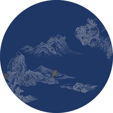 高清圆形线描山水装饰画挂画