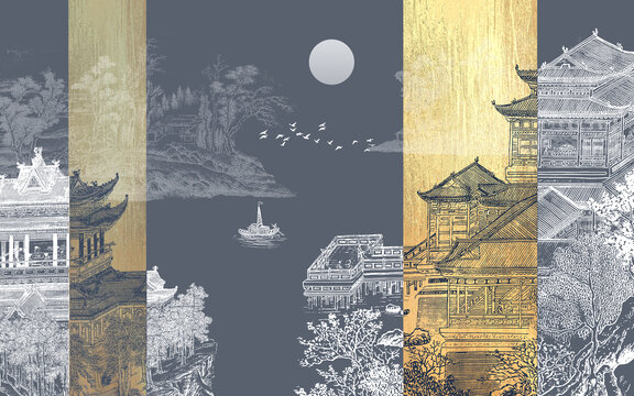 山水楼阁背景墙