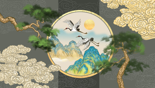 新中式松鹤延年祥云背景墙