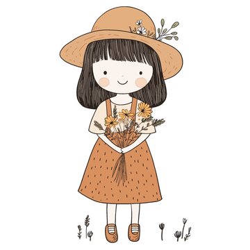 卡通鲜花小女孩矢量插画
