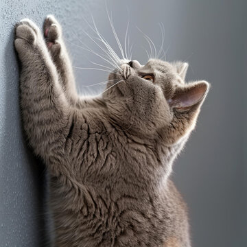 一只可爱的小灰猫正在爬一面灰色的墙