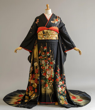 身穿黑色，红色和金色花卉刺绣和服的妇女