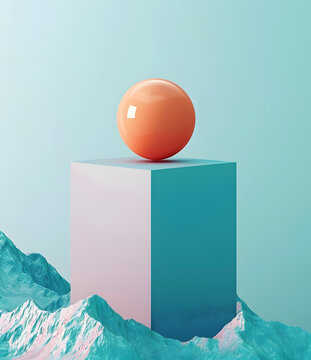 蓝色背景下立方体上的球体抽象3D渲染