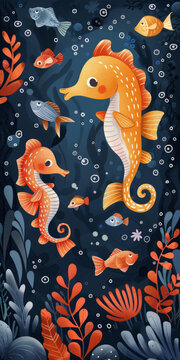 一群海马和鱼在海中游泳的插图