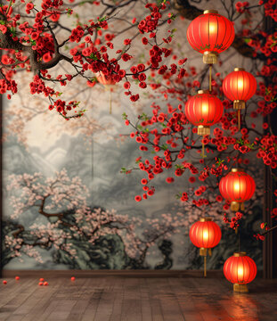 中国风红灯笼樱花背景图