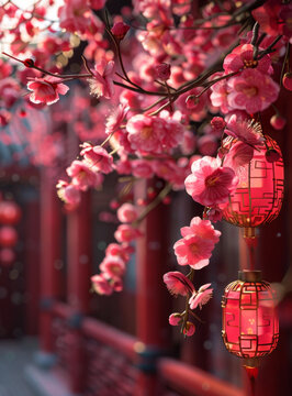 红灯笼和粉梅花春节装饰