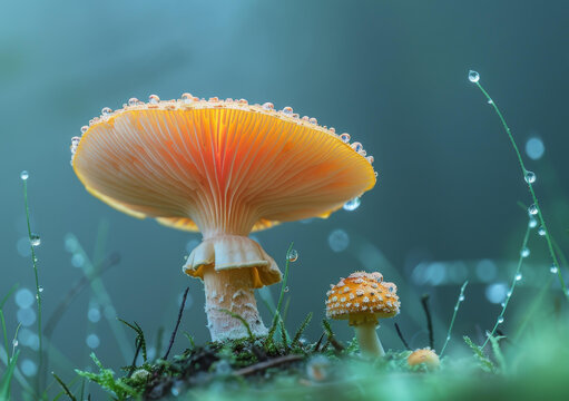 清晨露珠下的橙色蘑菇