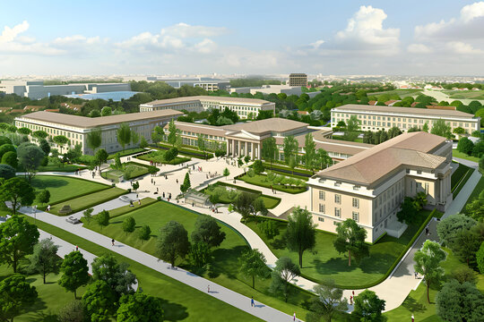 现代化大学校园空中鸟瞰图，绿地与建筑相映成趣