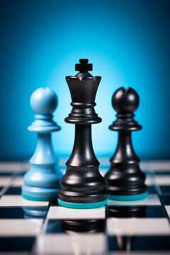 国际象棋棋盘上的黑白蓝棋子