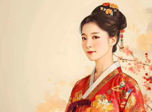 身穿韩国传统服饰的年轻女子肖像